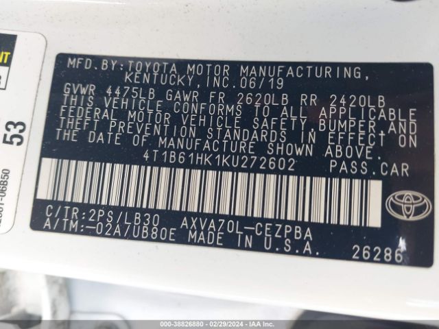 Photo 8 VIN: 4T1B61HK1KU272602 - TOYOTA CAMRY 