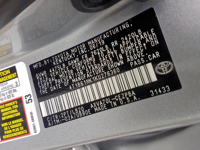 Photo 9 VIN: 4T1B61HK1KU276360 - TOYOTA CAMRY XSE 