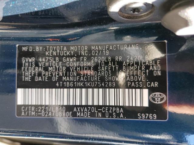 Photo 12 VIN: 4T1B61HK1KU754289 - TOYOTA CAMRY 