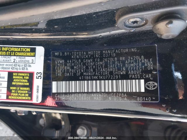 Photo 8 VIN: 4T1B61HK1KU772291 - TOYOTA CAMRY 