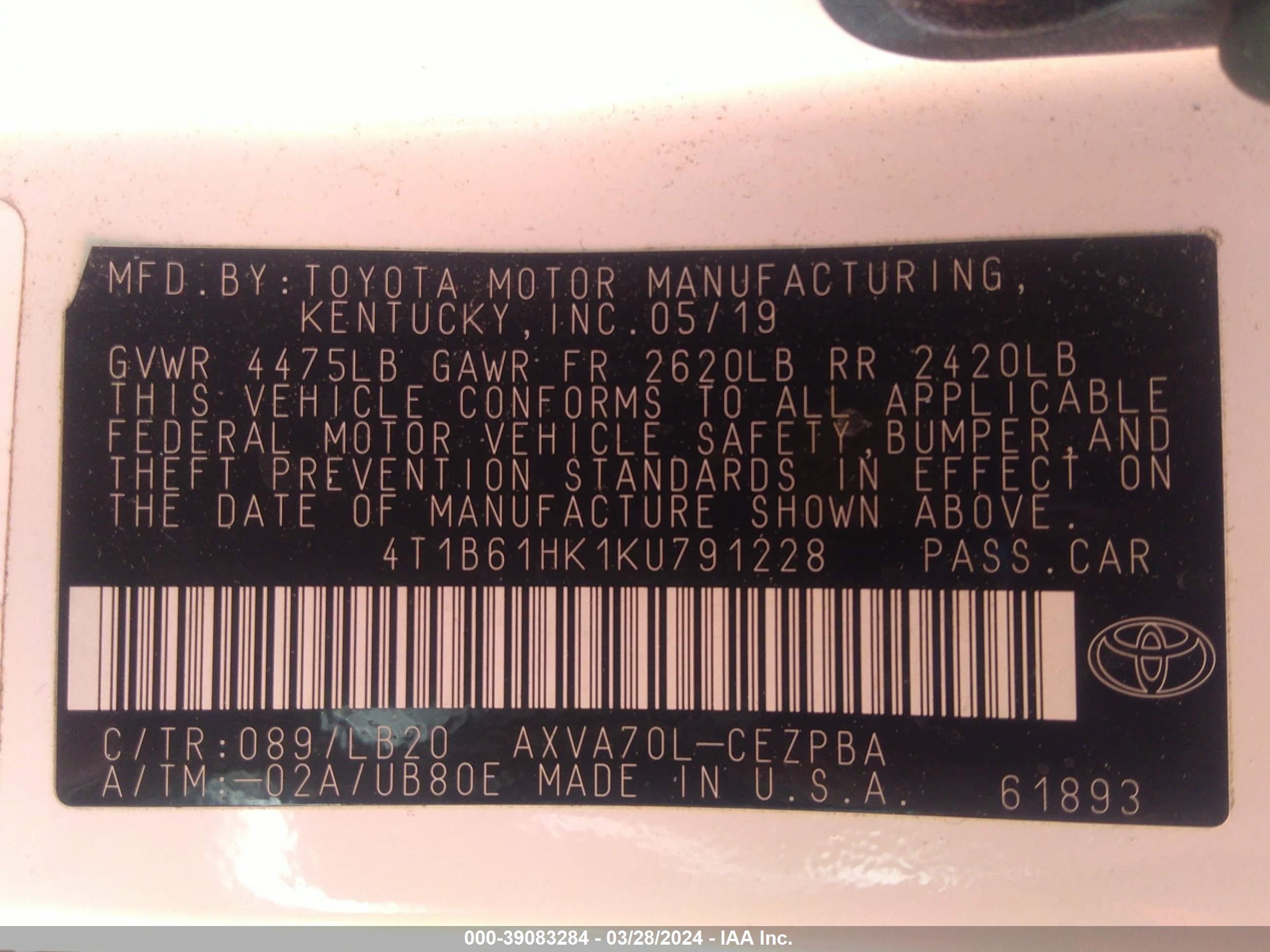 Photo 8 VIN: 4T1B61HK1KU791228 - TOYOTA CAMRY 