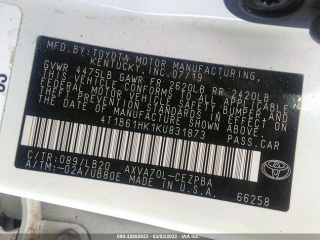 Photo 8 VIN: 4T1B61HK1KU831873 - TOYOTA CAMRY 