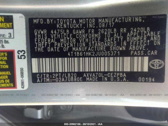 Photo 8 VIN: 4T1B61HK2JU005371 - TOYOTA CAMRY 