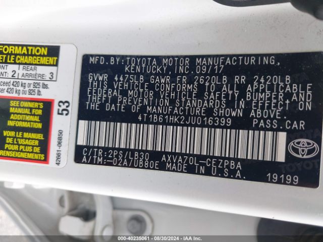 Photo 8 VIN: 4T1B61HK2JU016399 - TOYOTA CAMRY 