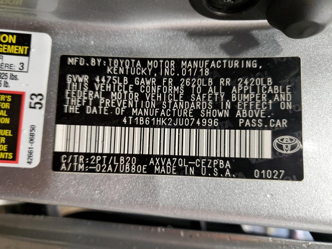 Photo 12 VIN: 4T1B61HK2JU074996 - TOYOTA CAMRY 