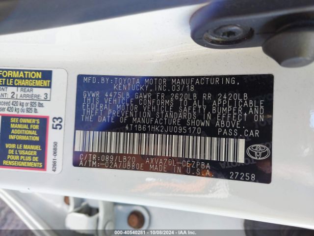 Photo 8 VIN: 4T1B61HK2JU095170 - TOYOTA CAMRY 