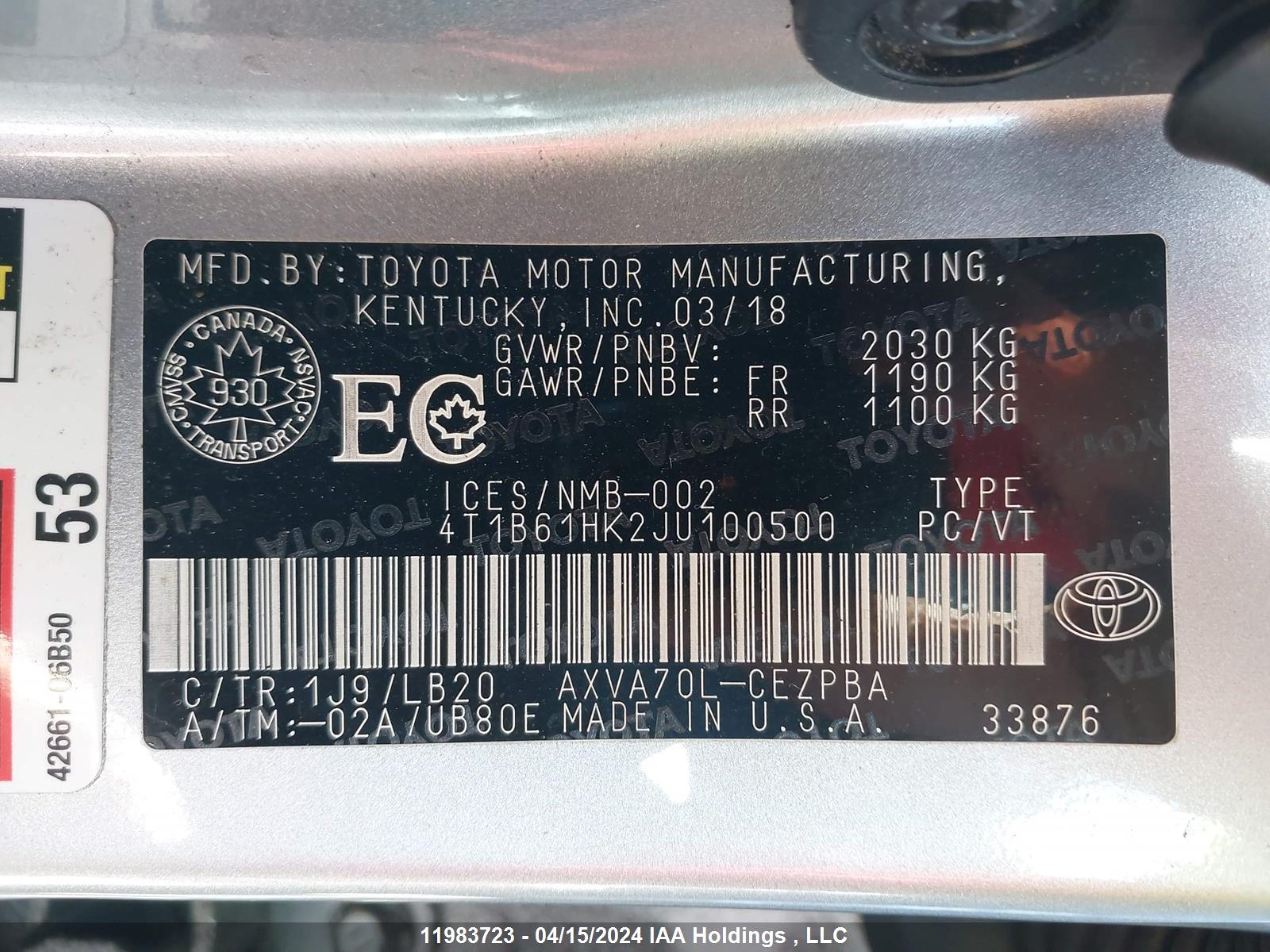 Photo 8 VIN: 4T1B61HK2JU100500 - TOYOTA CAMRY 