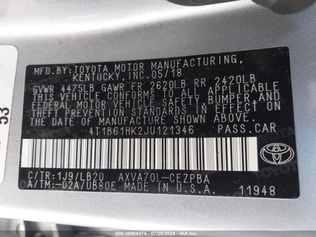 Photo 8 VIN: 4T1B61HK2JU121346 - TOYOTA CAMRY 