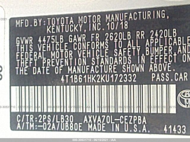 Photo 8 VIN: 4T1B61HK2KU172332 - TOYOTA CAMRY 