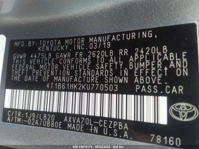 Photo 8 VIN: 4T1B61HK2KU770503 - TOYOTA CAMRY 