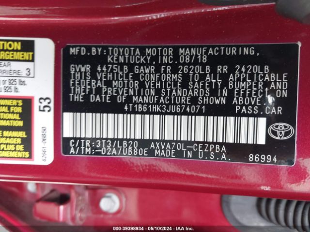 Photo 8 VIN: 4T1B61HK3JU674071 - TOYOTA CAMRY 