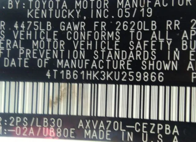 Photo 8 VIN: 4T1B61HK3KU259866 - TOYOTA CAMRY 