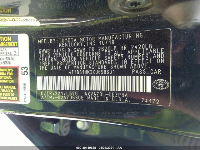 Photo 8 VIN: 4T1B61HK3KU698601 - TOYOTA CAMRY 