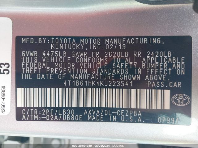 Photo 8 VIN: 4T1B61HK4KU223541 - TOYOTA CAMRY 