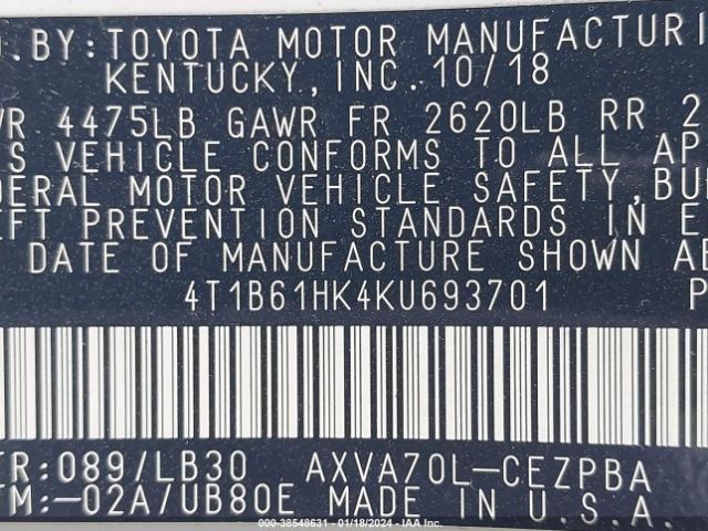 Photo 8 VIN: 4T1B61HK4KU693701 - TOYOTA CAMRY 