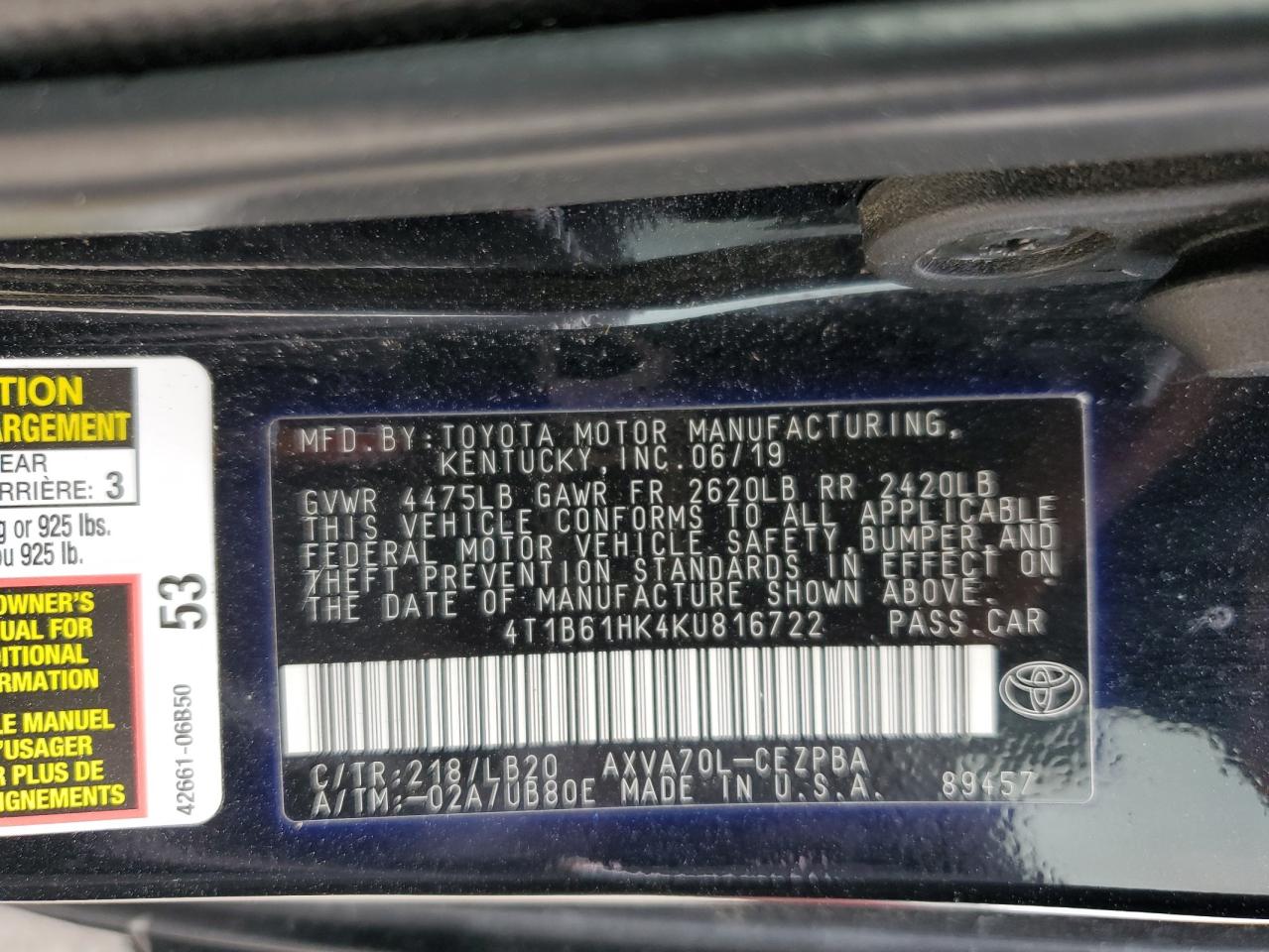 Photo 11 VIN: 4T1B61HK4KU816722 - TOYOTA CAMRY 