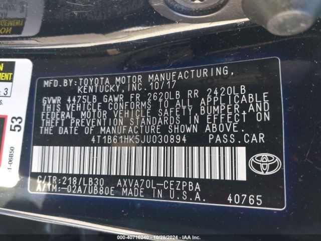 Photo 8 VIN: 4T1B61HK5JU030894 - TOYOTA CAMRY 