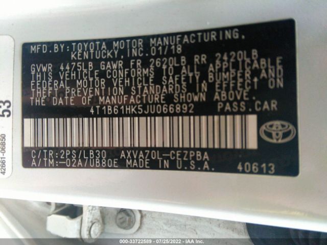 Photo 8 VIN: 4T1B61HK5JU066892 - TOYOTA CAMRY 