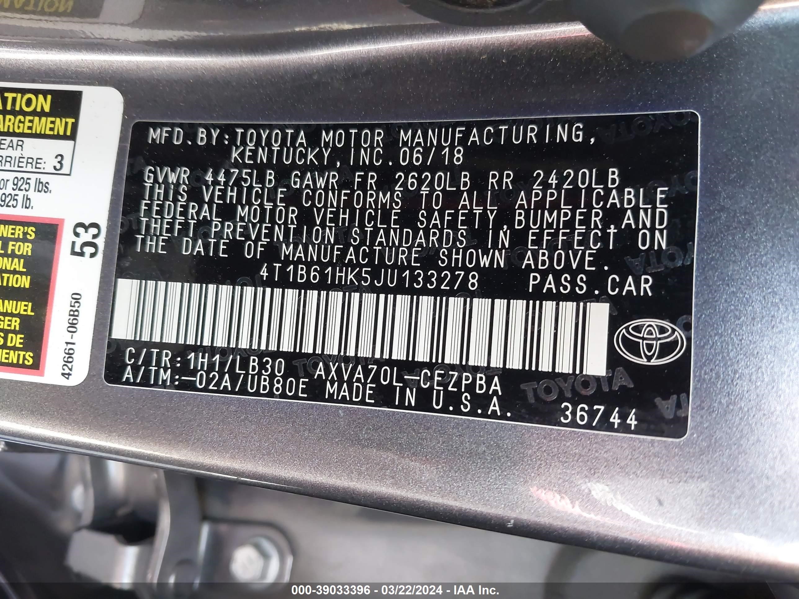 Photo 8 VIN: 4T1B61HK5JU133278 - TOYOTA CAMRY 