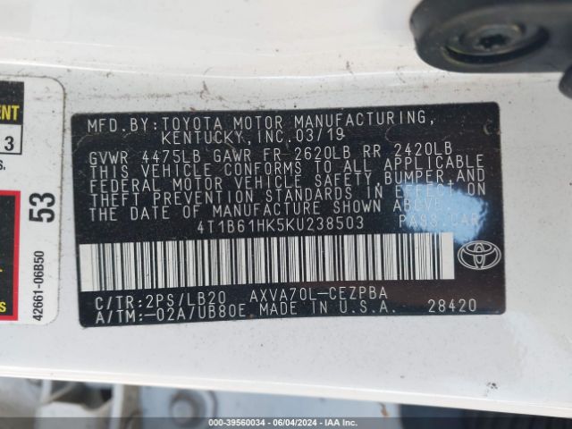 Photo 8 VIN: 4T1B61HK5KU238503 - TOYOTA CAMRY 