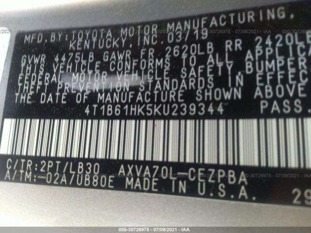 Photo 8 VIN: 4T1B61HK5KU239344 - TOYOTA CAMRY 