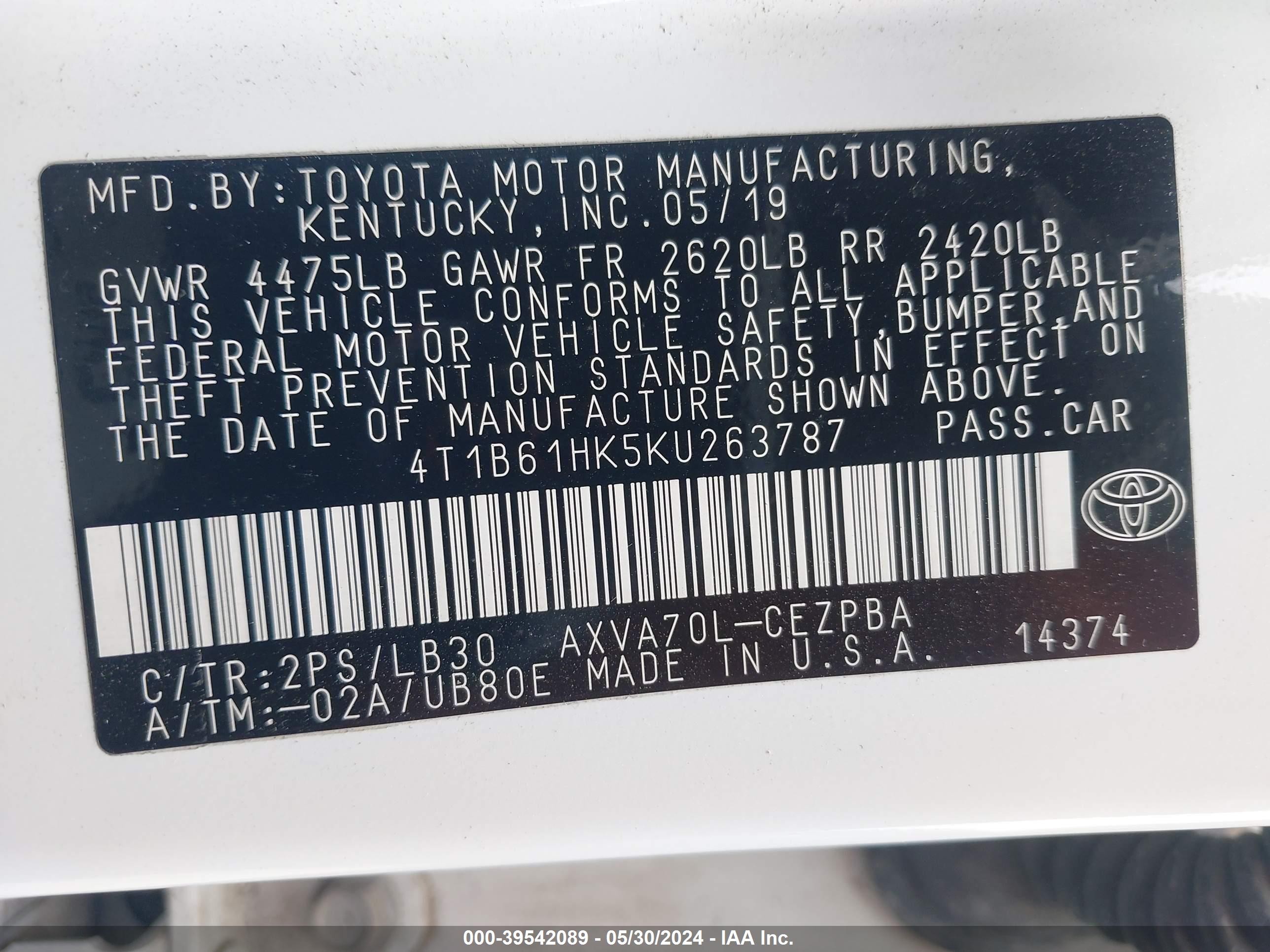 Photo 8 VIN: 4T1B61HK5KU263787 - TOYOTA CAMRY 