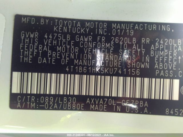 Photo 8 VIN: 4T1B61HK5KU741156 - TOYOTA CAMRY 