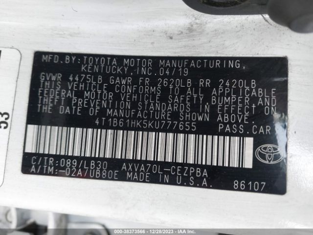 Photo 8 VIN: 4T1B61HK5KU777655 - TOYOTA CAMRY 