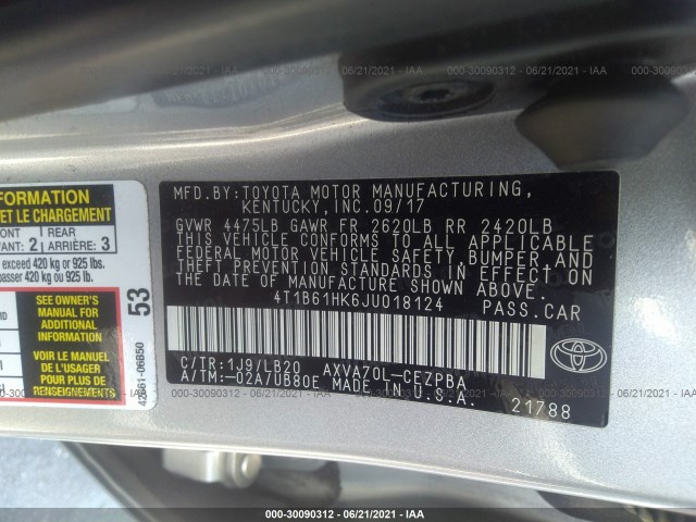 Photo 8 VIN: 4T1B61HK6JU018124 - TOYOTA CAMRY 