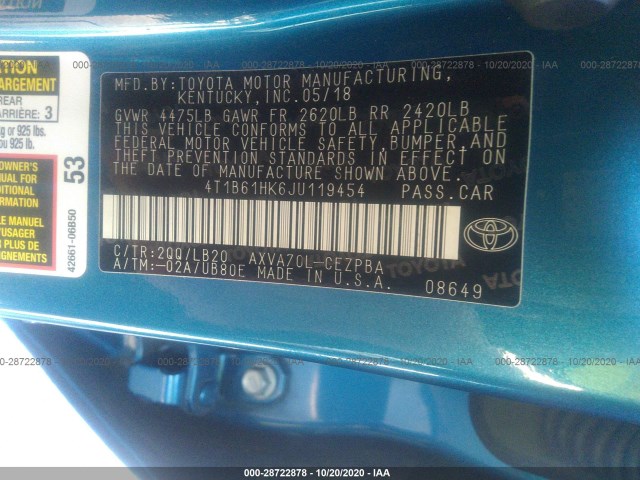 Photo 8 VIN: 4T1B61HK6JU119454 - TOYOTA CAMRY 