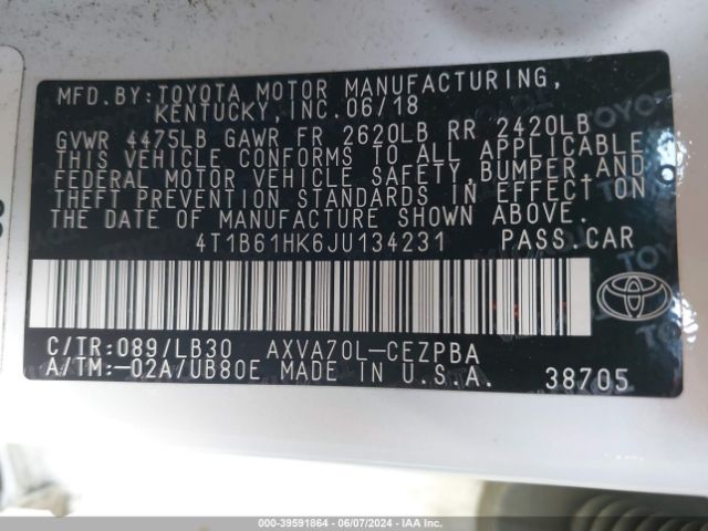 Photo 8 VIN: 4T1B61HK6JU134231 - TOYOTA CAMRY 