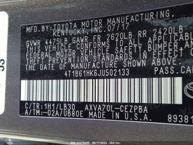 Photo 8 VIN: 4T1B61HK6JU502133 - TOYOTA CAMRY 