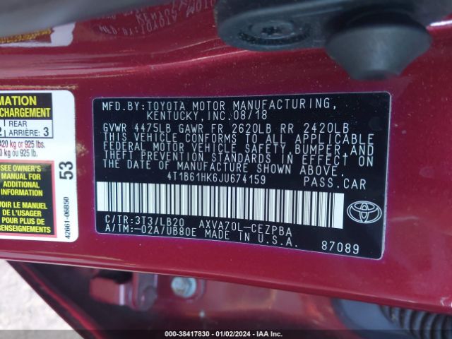 Photo 8 VIN: 4T1B61HK6JU674159 - TOYOTA CAMRY 