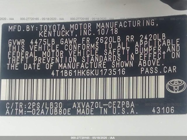 Photo 8 VIN: 4T1B61HK6KU173516 - TOYOTA CAMRY 