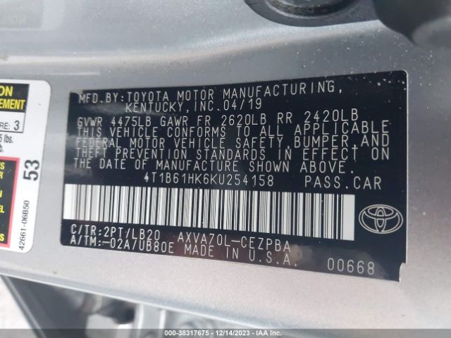 Photo 8 VIN: 4T1B61HK6KU254158 - TOYOTA CAMRY 