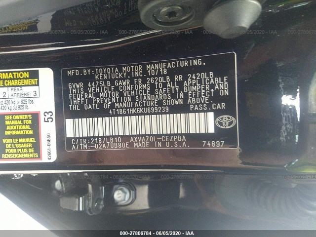 Photo 8 VIN: 4T1B61HK6KU699239 - TOYOTA CAMRY 