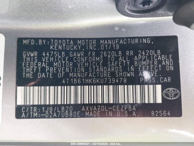 Photo 8 VIN: 4T1B61HK6KU739478 - TOYOTA CAMRY 