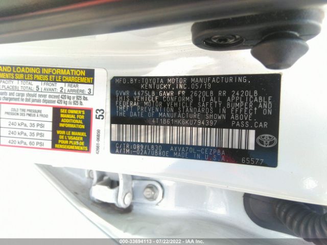 Photo 8 VIN: 4T1B61HK6KU794397 - TOYOTA CAMRY 