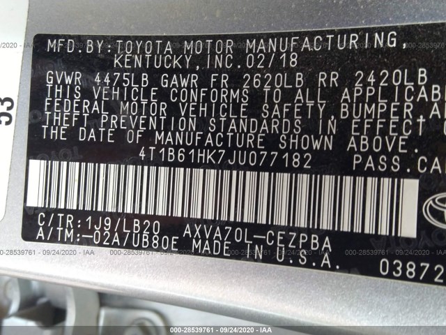 Photo 8 VIN: 4T1B61HK7JU077182 - TOYOTA CAMRY 