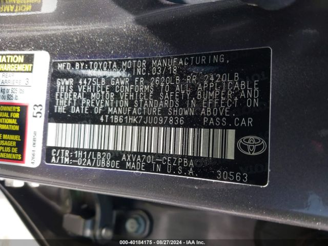 Photo 8 VIN: 4T1B61HK7JU097836 - TOYOTA CAMRY 