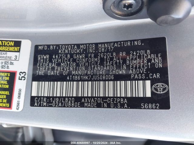 Photo 8 VIN: 4T1B61HK7JU508006 - TOYOTA CAMRY 