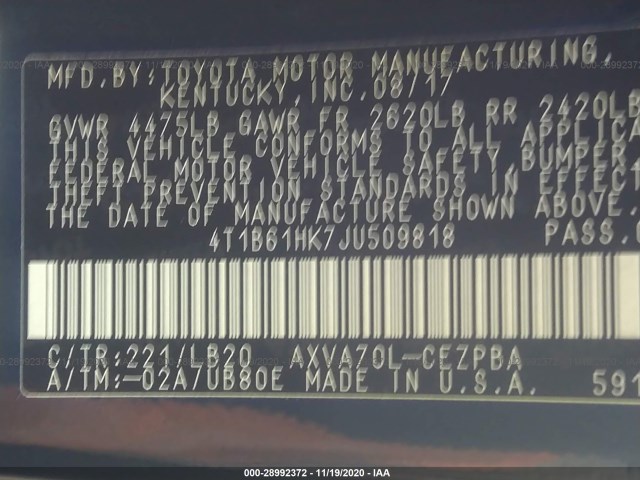 Photo 8 VIN: 4T1B61HK7JU509818 - TOYOTA CAMRY 