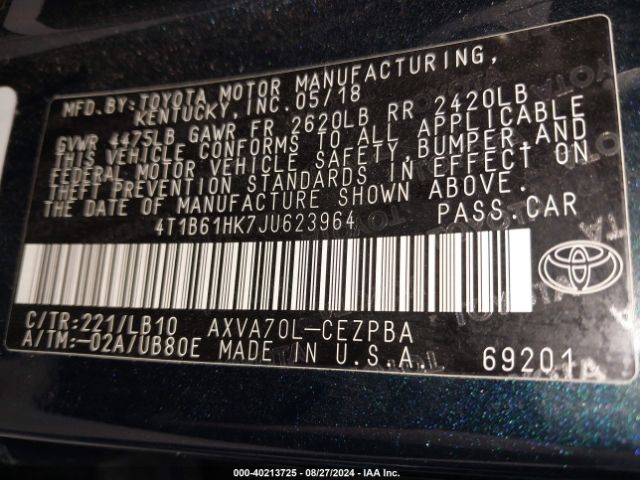 Photo 8 VIN: 4T1B61HK7JU623964 - TOYOTA CAMRY 