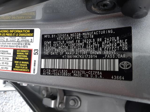 Photo 9 VIN: 4T1B61HK7KU173914 - TOYOTA CAMRY XSE 