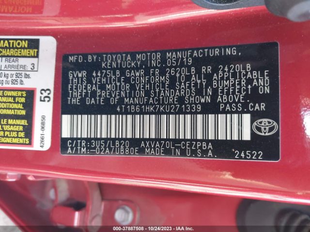 Photo 8 VIN: 4T1B61HK7KU271339 - TOYOTA CAMRY 