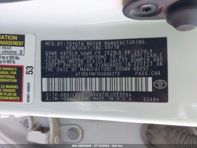 Photo 8 VIN: 4T1B61HK7KU688279 - TOYOTA CAMRY 