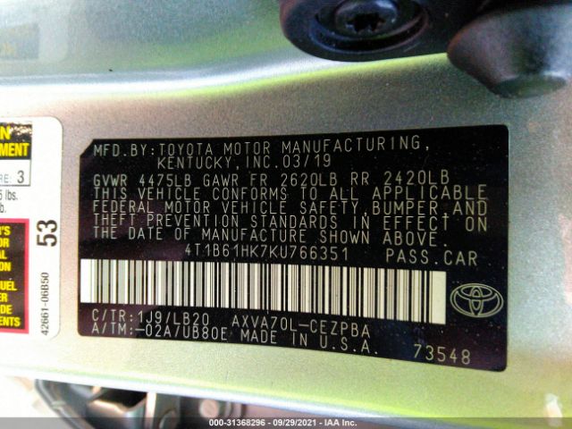 Photo 8 VIN: 4T1B61HK7KU766351 - TOYOTA CAMRY 