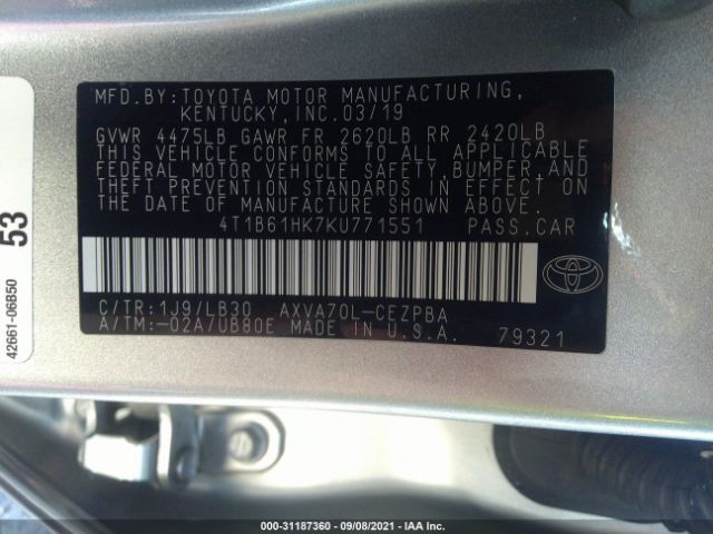 Photo 8 VIN: 4T1B61HK7KU771551 - TOYOTA CAMRY 