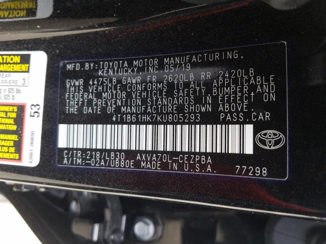 Photo 9 VIN: 4T1B61HK7KU805293 - TOYOTA CAMRY XSE 