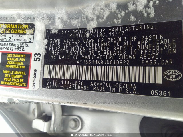 Photo 8 VIN: 4T1B61HK8JU040822 - TOYOTA CAMRY 